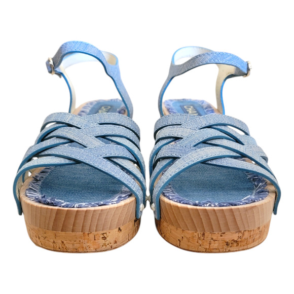 Chanel Denim Clogs CC Logo Sandals Blue Strappy Pearls Heel Shoes Day 7.5 38 - Picture 8 of 12